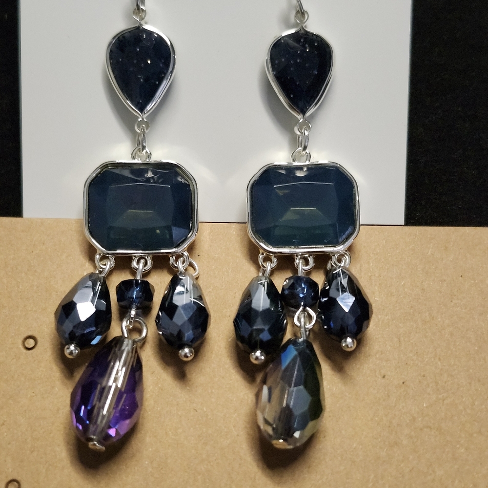 Style & Co Silver Tone Hook Earrings Blue and Iridescent NWT